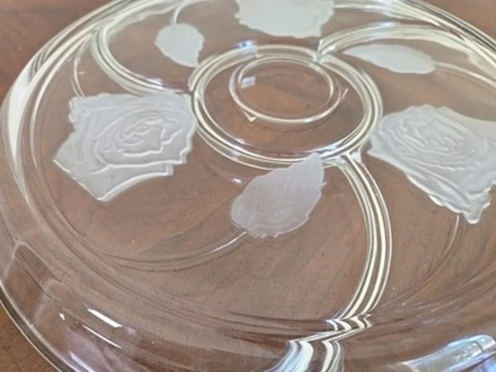 Indiana Glass Pressed Frosted Rose Divided  13” Appetizer Tray
